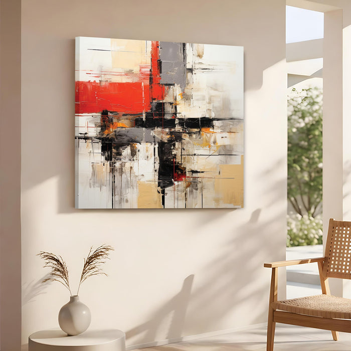 Abstract Texture Wall Art Painting for Living Room, Modern Red, Black & Gold Geometric Stretched Canvas Wall art Poster, Contemporary Decor for Living Room, Office & Home (56xx56 cm)