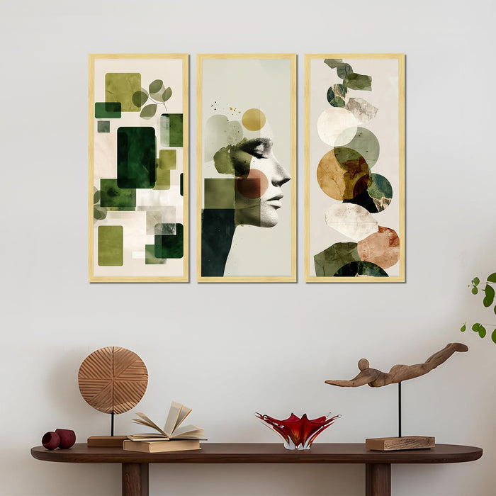 Abstract Botanical & Face Framed Wall Art Set of 3 | Modern Boho Green Tone Wall Décor |Engineered Wood Frame Art for Living Room, Bedroom & Office, 8.9x18.9 Inch