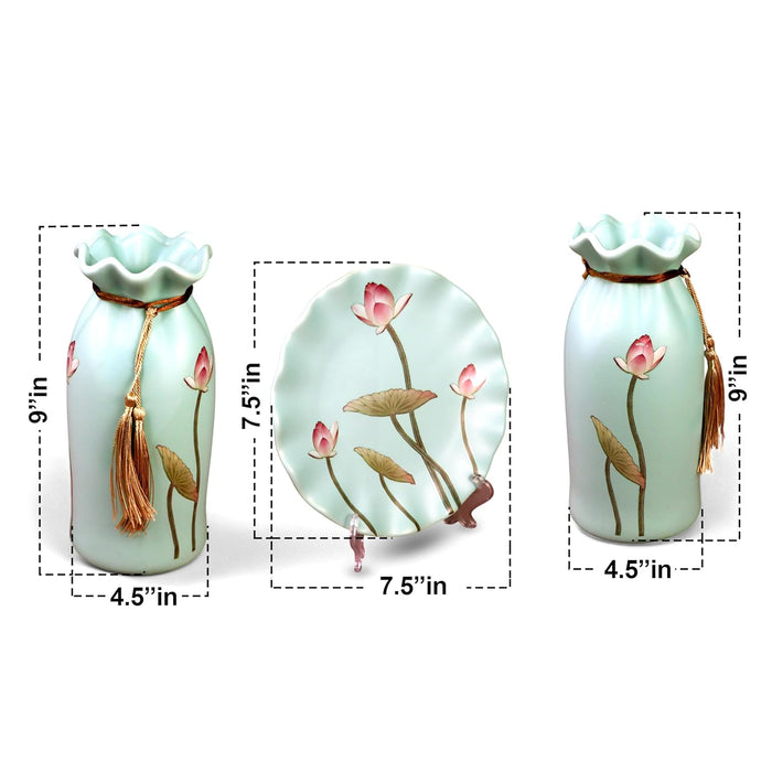 Flower Pinted Ceramic Vases and Decorative Plate Combo for Décor (Sky Blue, 4.5x9 Inch and 8x8 Inch)