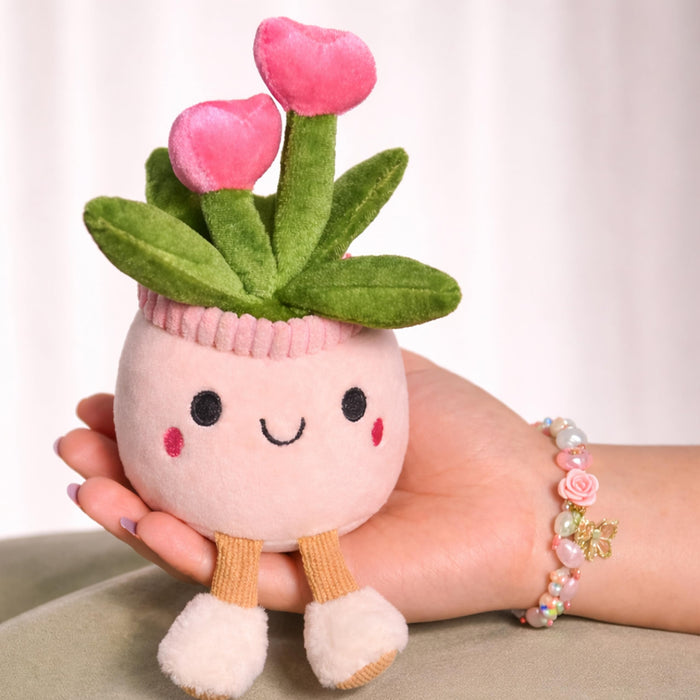 Art Street Cute Pink Potted Plush Plant with Smiling Face & Dangling Legs | Soft Heart Flower| Kawaii Desk Decor | Unique Gift for Plant Lovers, Valentine's Day