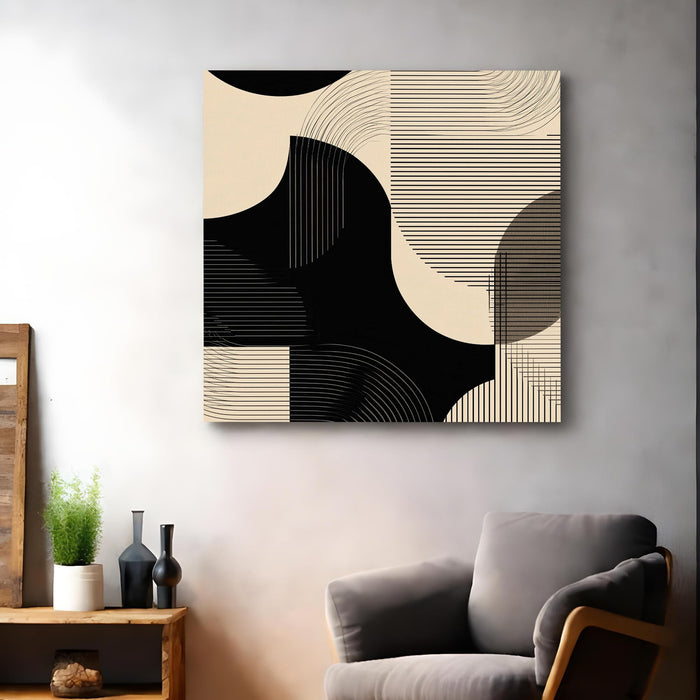 Modern Boho Optical Illusion Stretched Canvas Art Painting For Living Room, Minimalist Wavy Line & Geometric Shape Painting, Contemporary Abstract Decor for Living Room & Office (56xx56 cm)