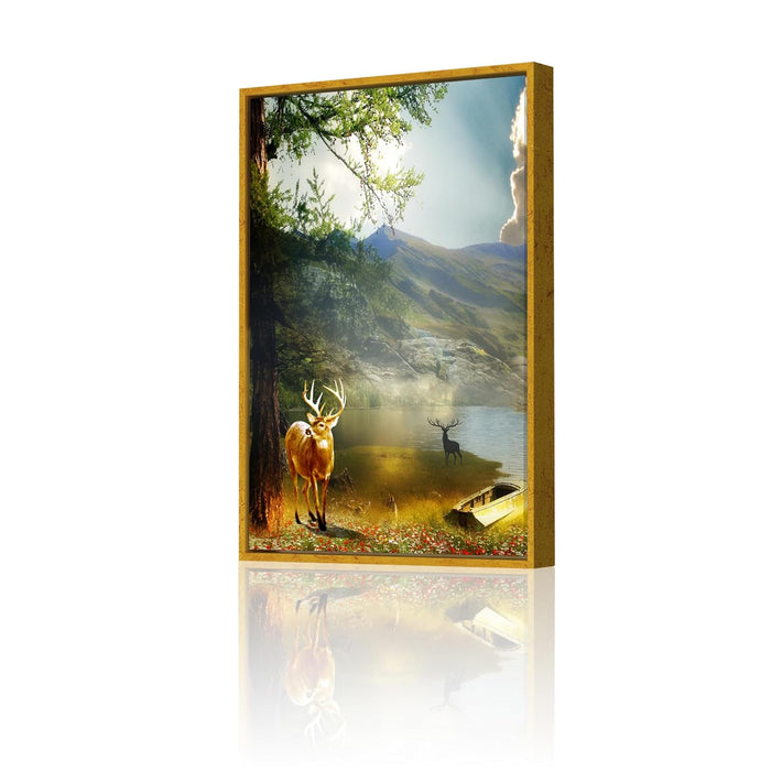 Colorful Mother & Child Deer in the Forest Framed Decorative Wall Art, Framed Canvas Painting (Size:23x35 Inch)
