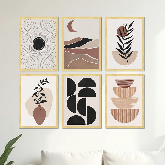 Boho Portrait & Abstract Framed Painting Wall Art Set of 6 | Modern Feminine, Botanical & Rainbow Prints | Soft Neutral Tones | Engineered wood Frame Wall Décor, (Size: A3)