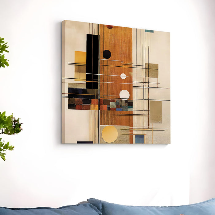 Modern Geometric Abstract Stretched Canvas Wall Art, Mid-Century Modern Textured Painting with Gold, Copper & Black Accents, Large Square Painting for Living Room & Office Decor (56xx56 cm)
