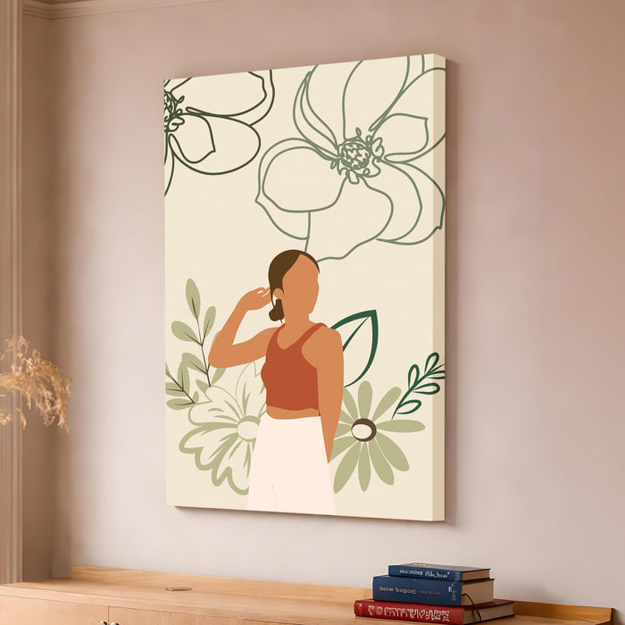 Boho Woman Floral Stretched Canvas Painting For Living Room | Feminine Figurative Stretched Canvas Wall Art For Livingroom Home Decor, Bedroom, Hallway's, Office, Hotel - 56x86 cm