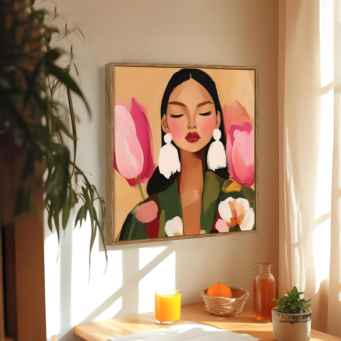 Botanical Woman Portrait Framed Painting For Living Room | Modern Floral Abstract Large Canvas Painting With Frame Wall Art For Bedroom, Hallway's, Office, Hotel, Size 58x58 cm