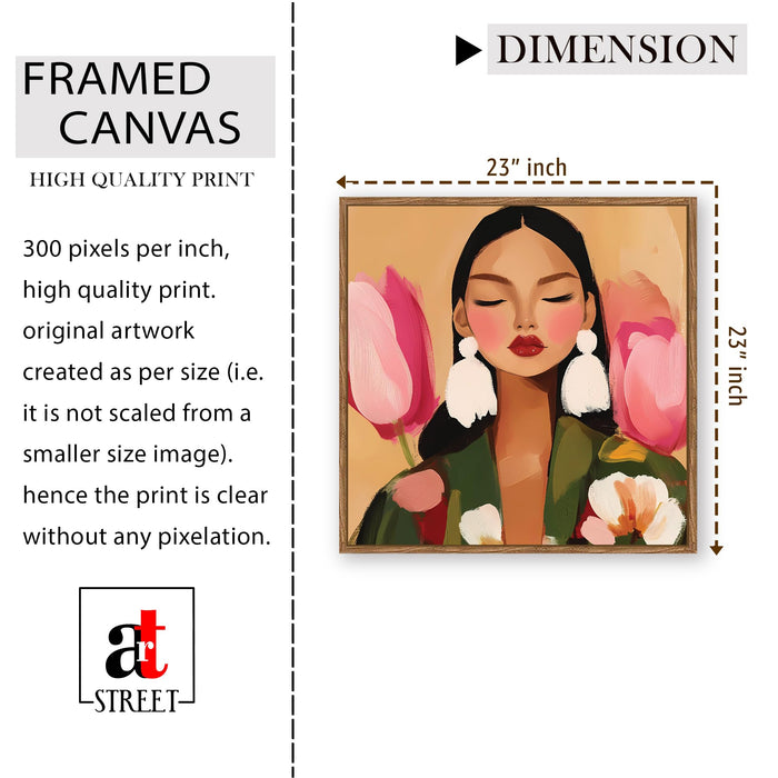 Botanical Woman Portrait Framed Painting For Living Room | Modern Floral Abstract Large Canvas Painting With Frame Wall Art For Bedroom, Hallway's, Office, Hotel, Size 58x58 cm