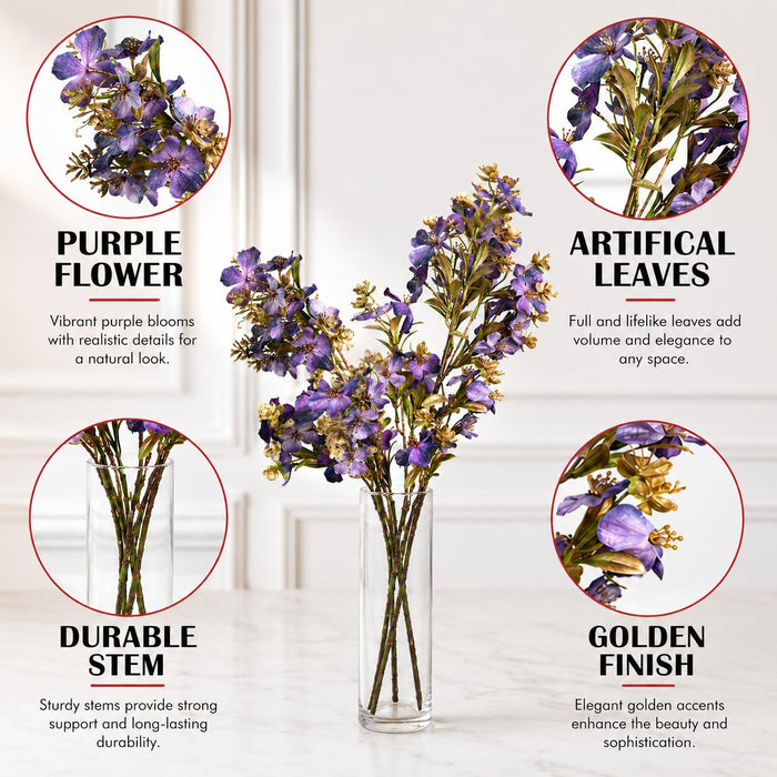 Art Street Artificial Purple & Gold Flower Stems for Home Décor – Realistic Faux Floral Branches for Vase,