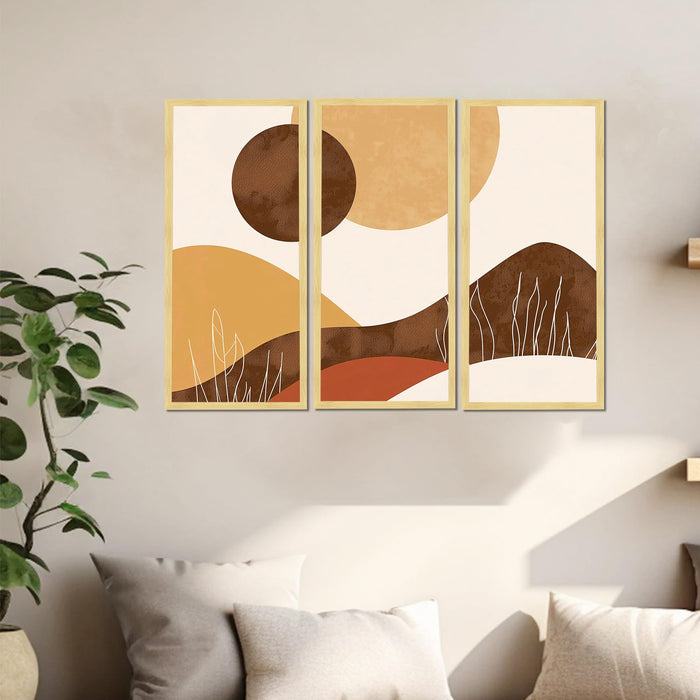 Abstract Landscape Framed Wall Art Set of 3 | Modern Boho Geometric Wall Décor | Engineered Wood Frame Prints for Living Room, Bedroom & Office, 8.9x18.9 Inch