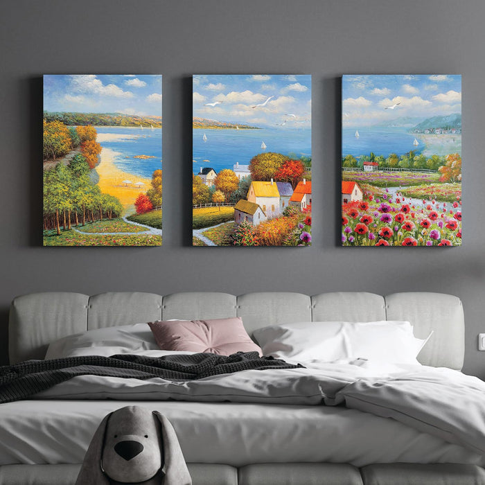 Art Street Stretched Canvas Painting Seaside Scenery Landscape Art For Living Room Decoration (Set of 3, Size: 16x22 Inch)