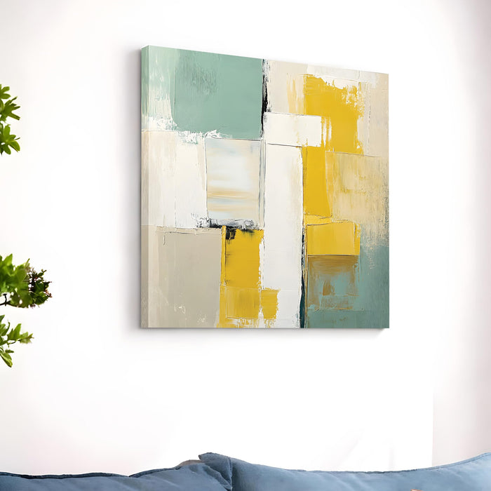Modern Abstract Stretched Canvas Wall Art Painting For Living Room, Textured Geometric Oil Painting in Yellow, Sage Green & White, Large Gallery Wrap for Living Room & Office (56xx56 cm)