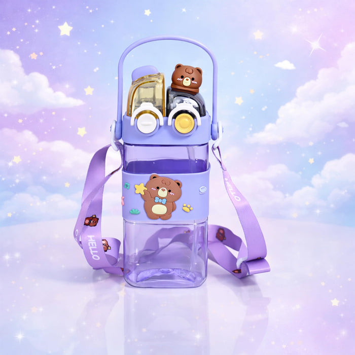 Art Street Cute Bear Kids Water Bottle with Straw & Strap - 580ml Leakproof BPA-Free Plastic Sipper—Cute Portable Dual-Drink Cartoon Tumbler for School, Girls & Boys (Purple, 17x7 cm)