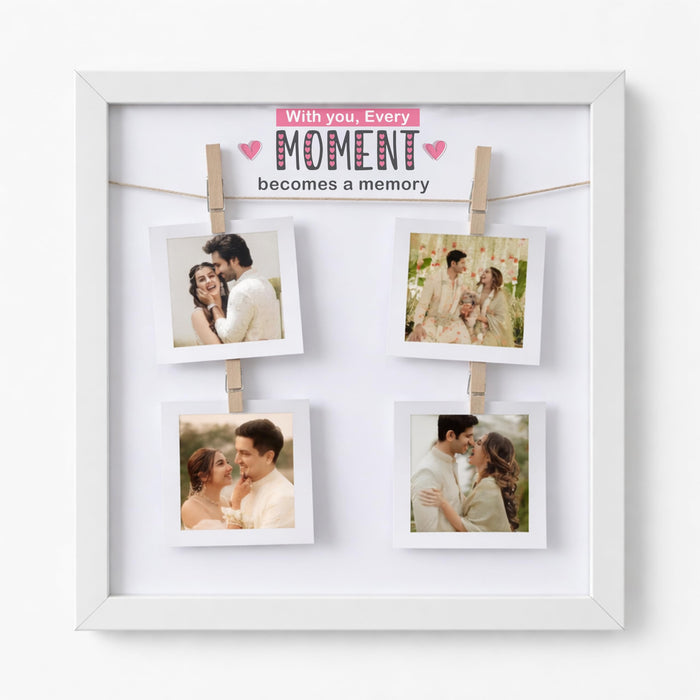 SNAP ART Photo Hanging Display with Clips, Personalized Wooden Photo Frame for Couple Memories, Valentine’s Day Gift for Girlfriend Boyfriend Spouse, Romantic Wall Photos Frame, 32x32 cm