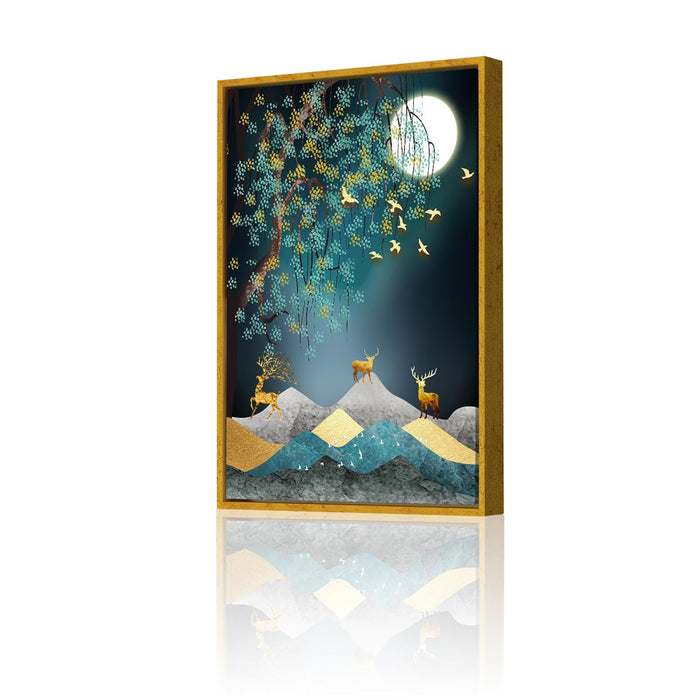 Canvas Painting Golden Emerald, Moon On Gold Line Mountain Framed Decorative Wall Art For Living Room (Size:23x35 Inch)