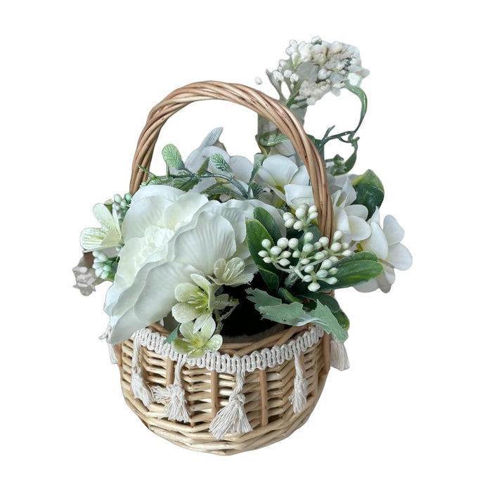 Art Street Boho Macrame Basket Vase with Artificial Flowers Wedding Flower Girl Baskets, Fake Flowers in Pot for Home, Table, Window, Living Room, Bedroom, Office (Beige, Size: 5x7.5 Inch)