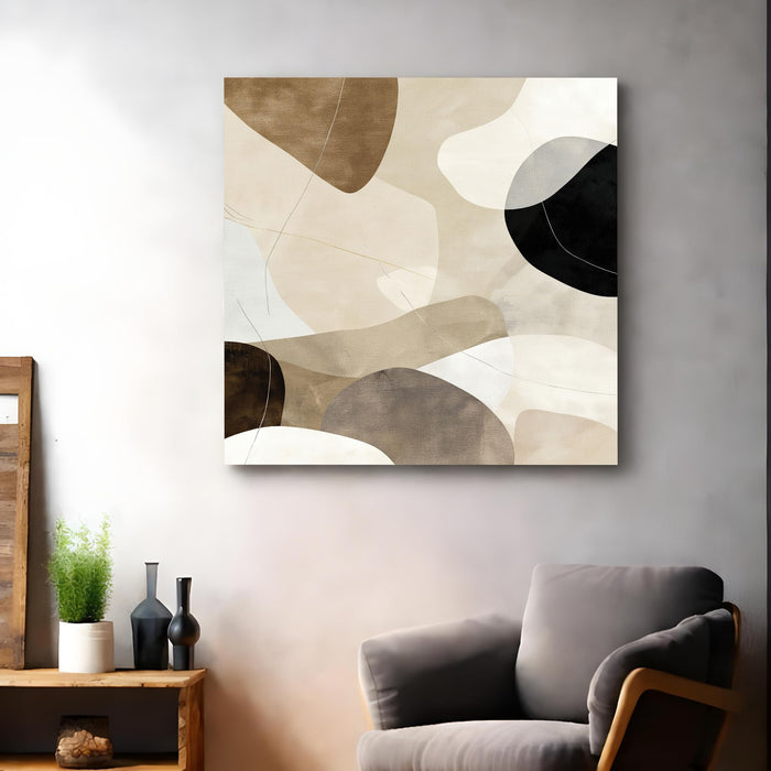 Large Framed Neutral Abstract Wall Art Painting For Living Room, Modern Minimalist Stretched Canvas Poster in Earth Tones, Geometric Shapes for Living Room, Office & Home Decor (56xx56 cm)