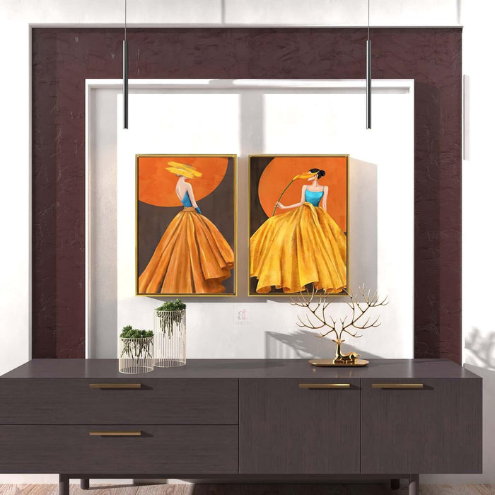 Art Street Abstract Canvas Painting Wall Art Women in Yellow Dress for Living Room Decoration (Set of 2, 17 x 23 Inches)