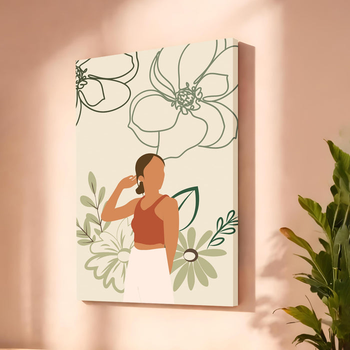 Boho Woman Floral Stretched Canvas Painting For Living Room | Feminine Figurative Stretched Canvas Wall Art For Livingroom Home Decor, Bedroom, Hallway's, Office, Hotel - 56x86 cm
