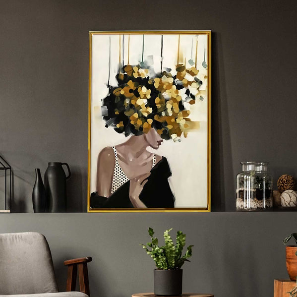 Mid Night Gold Girl With Flower Bouquet Framed Canvas Print For Home Décor