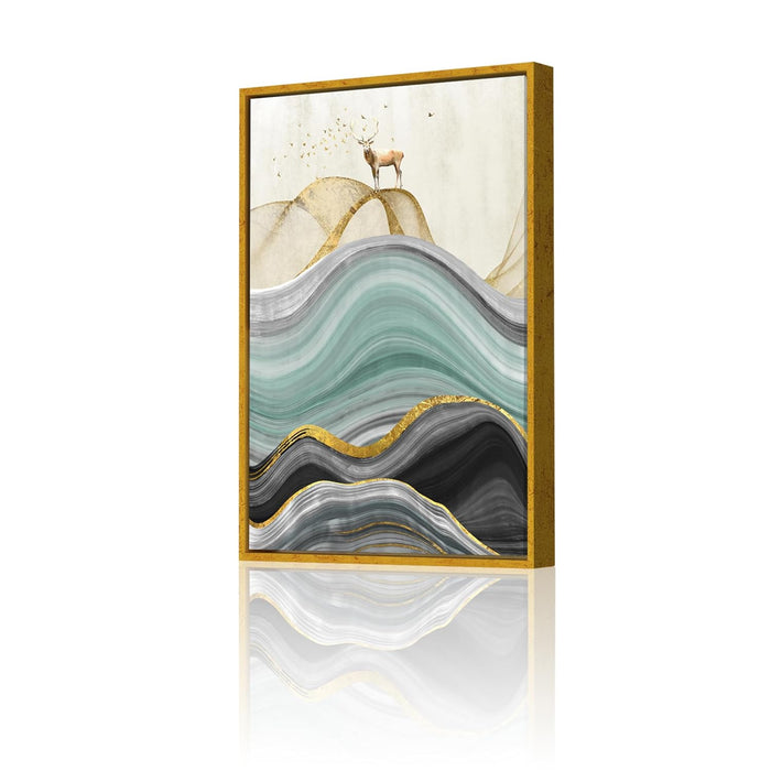 Colorful Mother & Child Deer in the Forest Framed Decorative Wall Art, Framed Canvas Painting (Size:23x35 Inch)