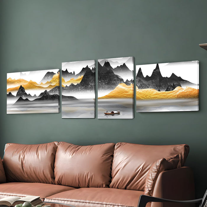 Art Street Stretched On Frame Modern Canvas Wall Art Painting Abstract Beautiful Golden Black Mountain Landscape For Home,Bedroom, Office Decoration (Set Of 4, 2 Pcs 12x22 & 2 Pcs 16x22 Inch)