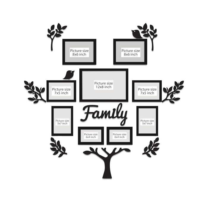 Family Tree Wall Photo Frame Set Pack of 9 with 10 MDF Cutouts for Home Decoration Wall Photo Frame Collage for Living Room Bedroom