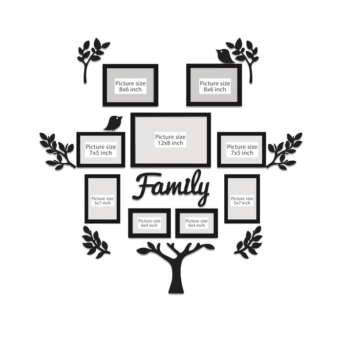 Family Tree Photo Frame Set of 13 Pieces for Living Room | MDF Wall Décor with Family Quote & Leaf Design | Wooden Picture Frames for Home Decoration