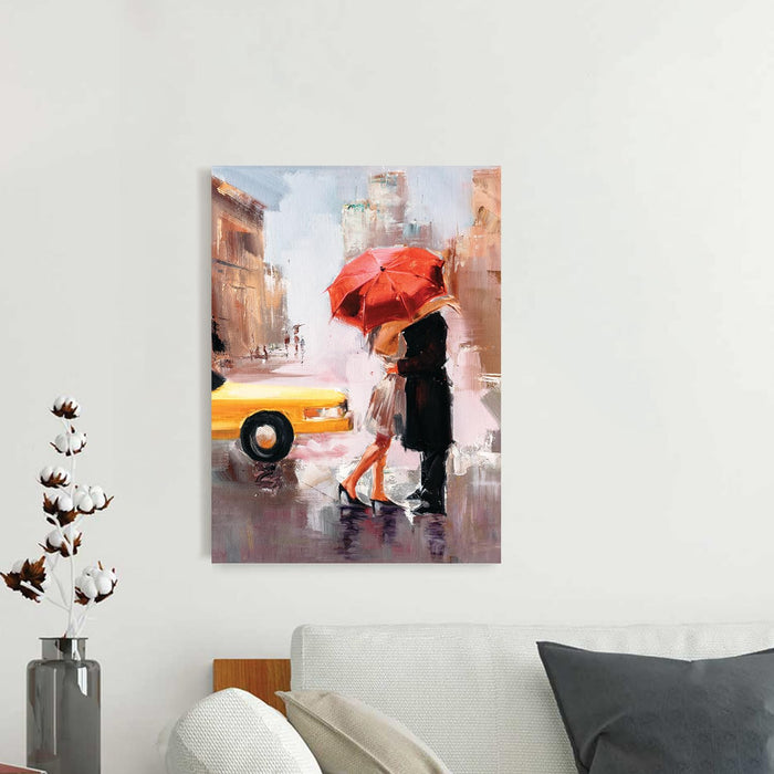 Stretched Modern Canvas Wall Art Painting, Couple Under the Umbrella Artwork for Home Decoration (Set of 1, 16x22 Inch)