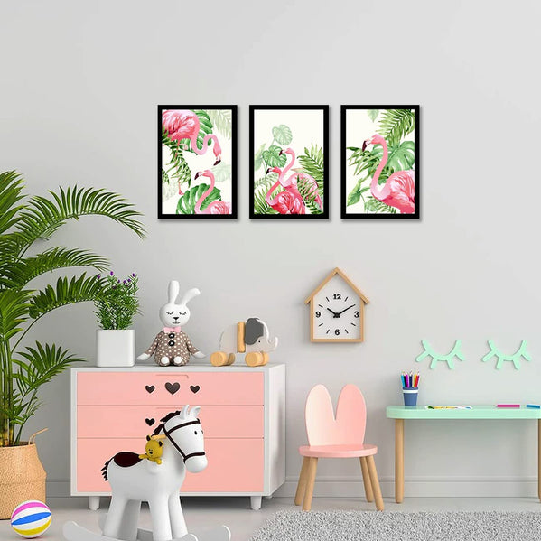 Tropical Pink Flamingo Framed Art Print for Home, Office Decoration (Set of 3, 9.4 x 12.9 Inches)