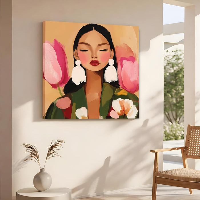 Boho & Chic Modern Woman Wall Art Painting For Living, Minimalist Floral Wall Art Stretched Canvas Painting with Large Tassel Earrings, Abstract Wall Art for Living Room & Offices (56xx56 cm)