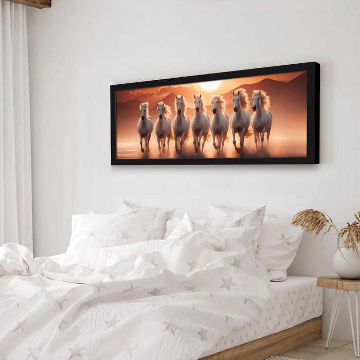PAINTINGMANTRA Running Horse Vastu Modern Wall Art Framed Luxury Paintings for Home Decoration, Living room, Bedroom and Office Decoration (99x38 CM)