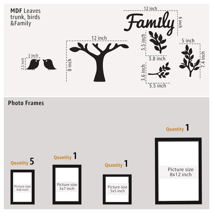 Family Tree Wall Photo Frame Set Pack of 8 with 10 MDF Cutouts for Home Decoration Wall Photo Frame Collage for Living Room Bedroom