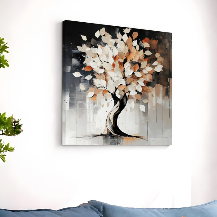 Abstract Tree of Life Stretched Canvas Wall Art Painting For Living Room, Minimalist Neutral Tones Wishing Tree Painting, Modern Botanical for Living Room, Bedroom & Office (56xx56 cm)