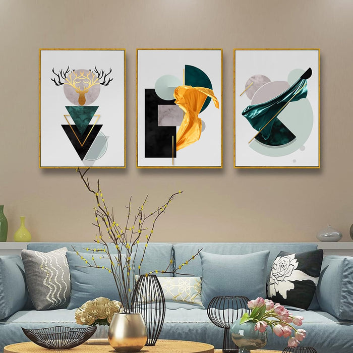 Abstract Marble Curves Geometric Canvas Painting For Home Décor (17x23 Inch, Set Of 3)