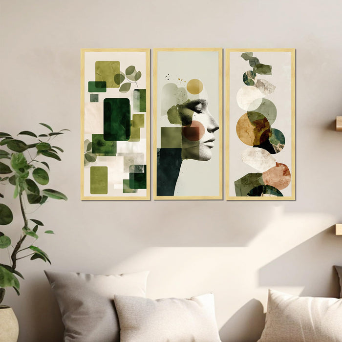 Abstract Botanical & Face Framed Wall Art Set of 3 | Modern Boho Green Tone Wall Décor |Engineered Wood Frame Art for Living Room, Bedroom & Office, 8.9x18.9 Inch