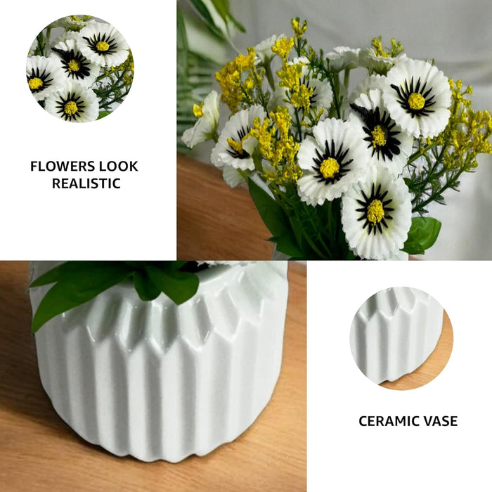 Art Street Ceremic Flower Vase with Artificial Flowers, White Daisy Bunch Silk Flowers in Pot for Home, Table, Window, Living Room, Bedroom, Office (White, Size: 3.2x8 Inch)