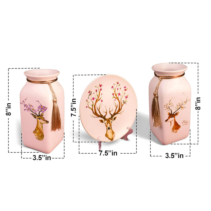 Flower and Deer Pinted Ceramic Vases and Decorative Plate Combo for Décor (White, 4.5x9 Inch and 8x8 Inch)