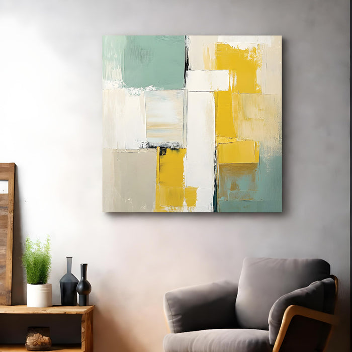 Modern Abstract Stretched Canvas Wall Art Painting For Living Room, Textured Geometric Oil Painting in Yellow, Sage Green & White, Large Gallery Wrap for Living Room & Office (56xx56 cm)