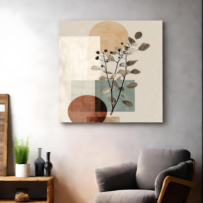 Abstract Botanical Stretched Canvas Wall Art Painting For Living room, Modern Boho Sage Green Tone Floral Poster, Minimalist Nature for Living Room, Bedroom & Office Decor (56xx56 cm)