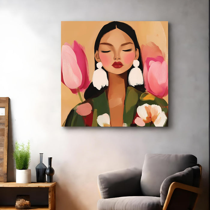 Boho & Chic Modern Woman Wall Art Painting For Living, Minimalist Floral Wall Art Stretched Canvas Painting with Large Tassel Earrings, Abstract Wall Art for Living Room & Offices (56xx56 cm)
