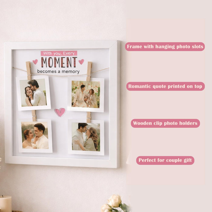 SNAP ART Photo Hanging Display with Clips, Personalized Wooden Photo Frame for Couple Memories, Valentine’s Day Gift for Girlfriend Boyfriend Spouse, Romantic Wall Photos Frame, 32x32 cm
