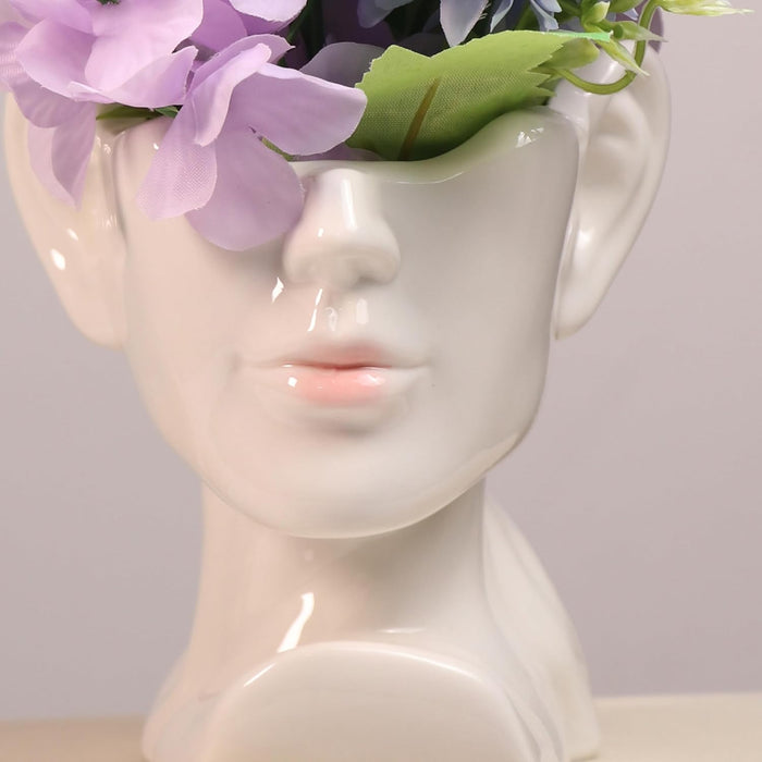 Artificial Flower with Ceramic Face Pot Vase Planter Women Head Pot with Flowers Vase Decorative Flower Vases for Home Living Room Dining Table Bedroom Office Indoor Décor 13x10x20 cm