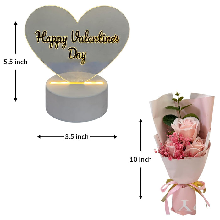 Happy Valentine Day Table Lamp Gift Combo Pack for Wife, Husband, Couples, with Pink Roses, Showpiece for Her, Girlfriend, Boyfriend