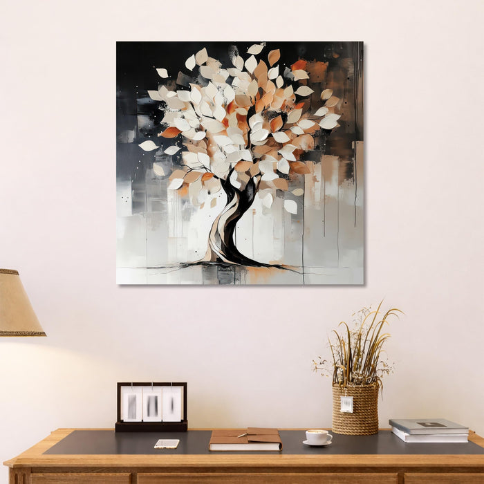 Abstract Tree of Life Stretched Canvas Wall Art Painting For Living Room, Minimalist Neutral Tones Wishing Tree Painting, Modern Botanical for Living Room, Bedroom & Office (56xx56 cm)