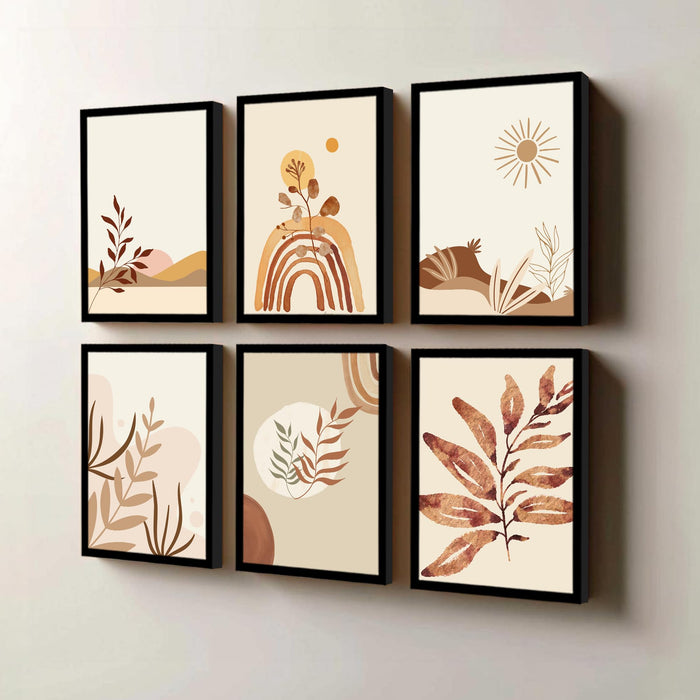Boho Landscape Framed Painting Wall Art Set of 6 | Sun, Moon & Botanical Desert Prints | Warm Earth Tones | Engineered wood Frame Wall Décor, (Size: A3)