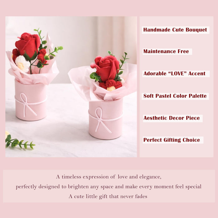 Art Street Artificial Rose & Knitted Daisy Flower Bouquet in Pink Box – Handmade Decorative Floral Arrangement for Home Décor, Office Table, & Anniversary, (Set of 2, 9x19 cm)