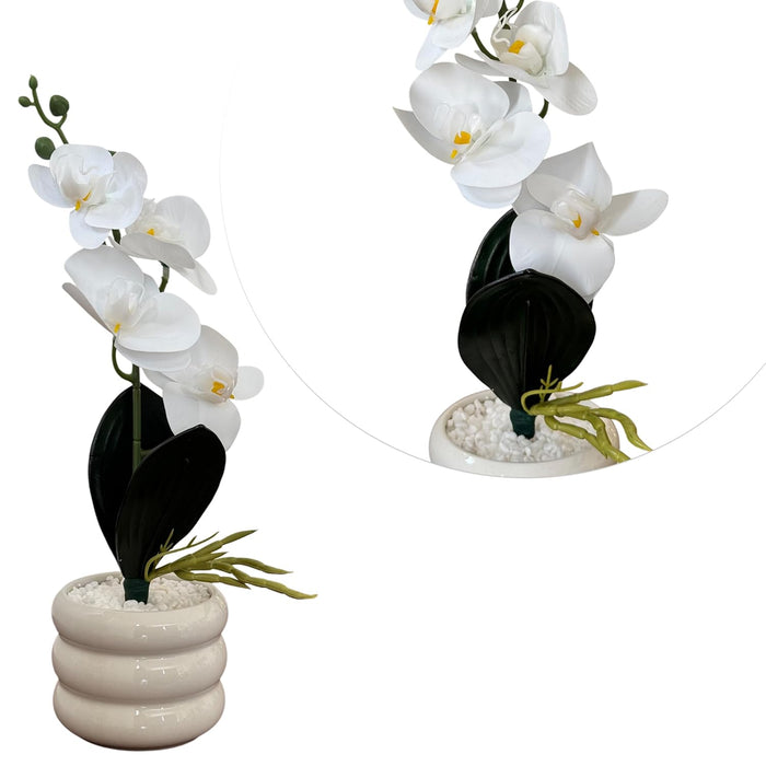 Ceramic Potted Vase Artificial Orchid Flower with Round Wave Pot for Table Top (White, Size: 3x12Inch)