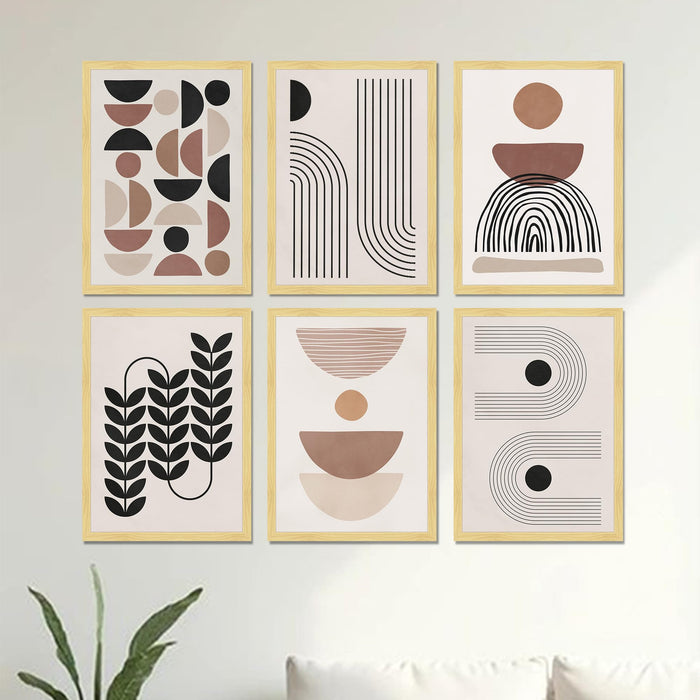Boho Abstract Framed Painting Wall Art Set of 6 | Portrait, Botanical & Geometric Prints | Warm Neutral Tones | Engineered wood Frame Wall Décor, (Size: A3)