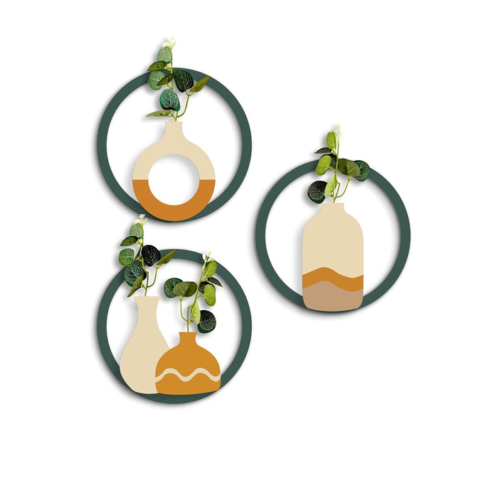 MDF Boho Wall Decor Round Vase Hanging with Artificial Plant Leaf Pack of 3 Wooden Circular Wall Decoration 20x20 cm