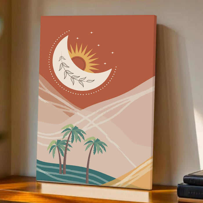 Abstract Desert Moon Stretched Canvas Wall Art Modern Boho Illustration Painting for Home & Office Wall Decor, (16x22 Inch)
